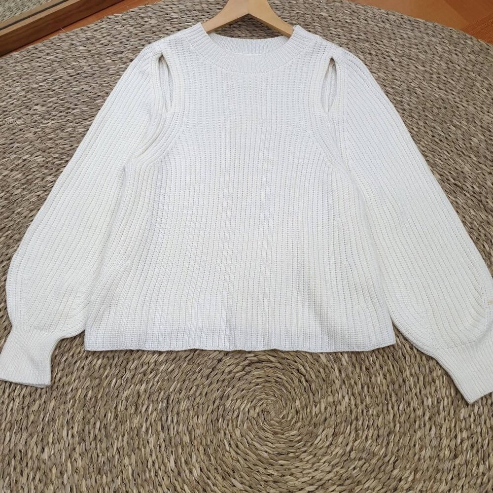 White Ribbed Knit Puff Sleeve Cozy Sweater ✨